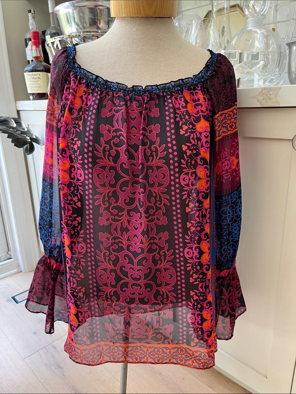 Hale Bob 100% silk Boho Off-Shoulder Printed Blouse in Pink & Blue w bell cuff